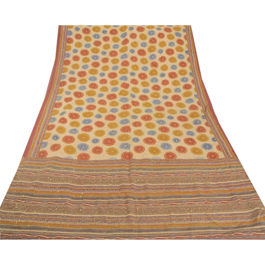 Sanskriti Vintage Cream Saree Pure Crepe Silk Sustainable Fabric Hand Embroidery Kantha Sari