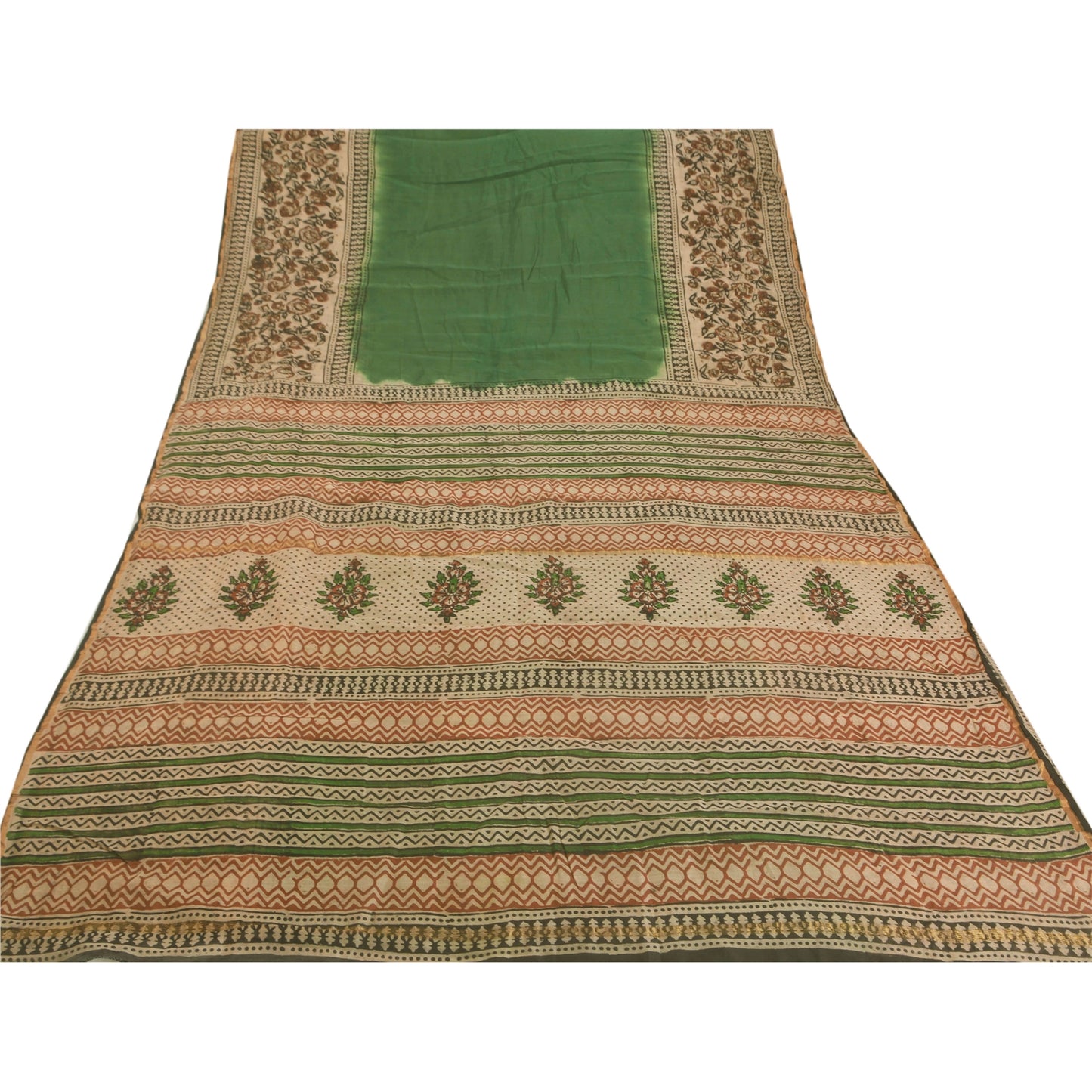 Sanskriti Vintage Green Saree Blend Silk Block Print Craft 5 Yd Sustainable Fabric Sari