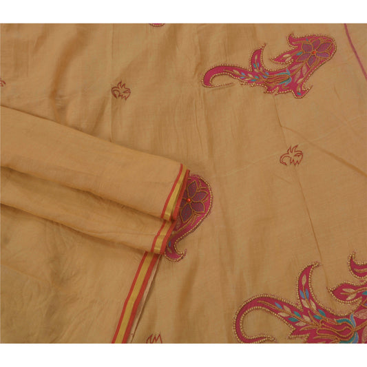 Санскрити Винтаж Крем Сари Смесь Шелка Ручной Работы Бисер Пэтчворк Ремесло Устойчивая Ткань Сари