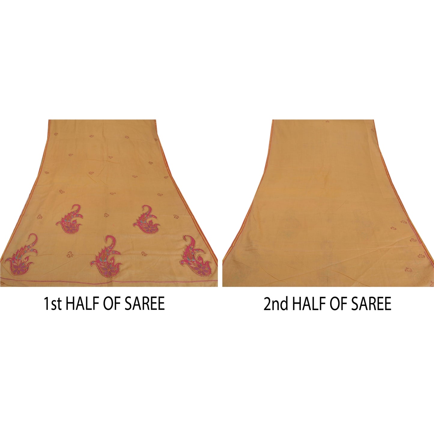 Sanskriti Vintage Cream Saree Blend Silk Hand Beads Patch Work Craft Sustainable Fabric Sari