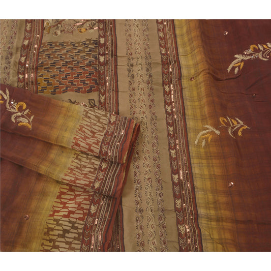 Sanskriti Vintage Cream Saree Pure Crepe Silk Hand Beaded 5 Yd Sustainable Fabric Craft Sari