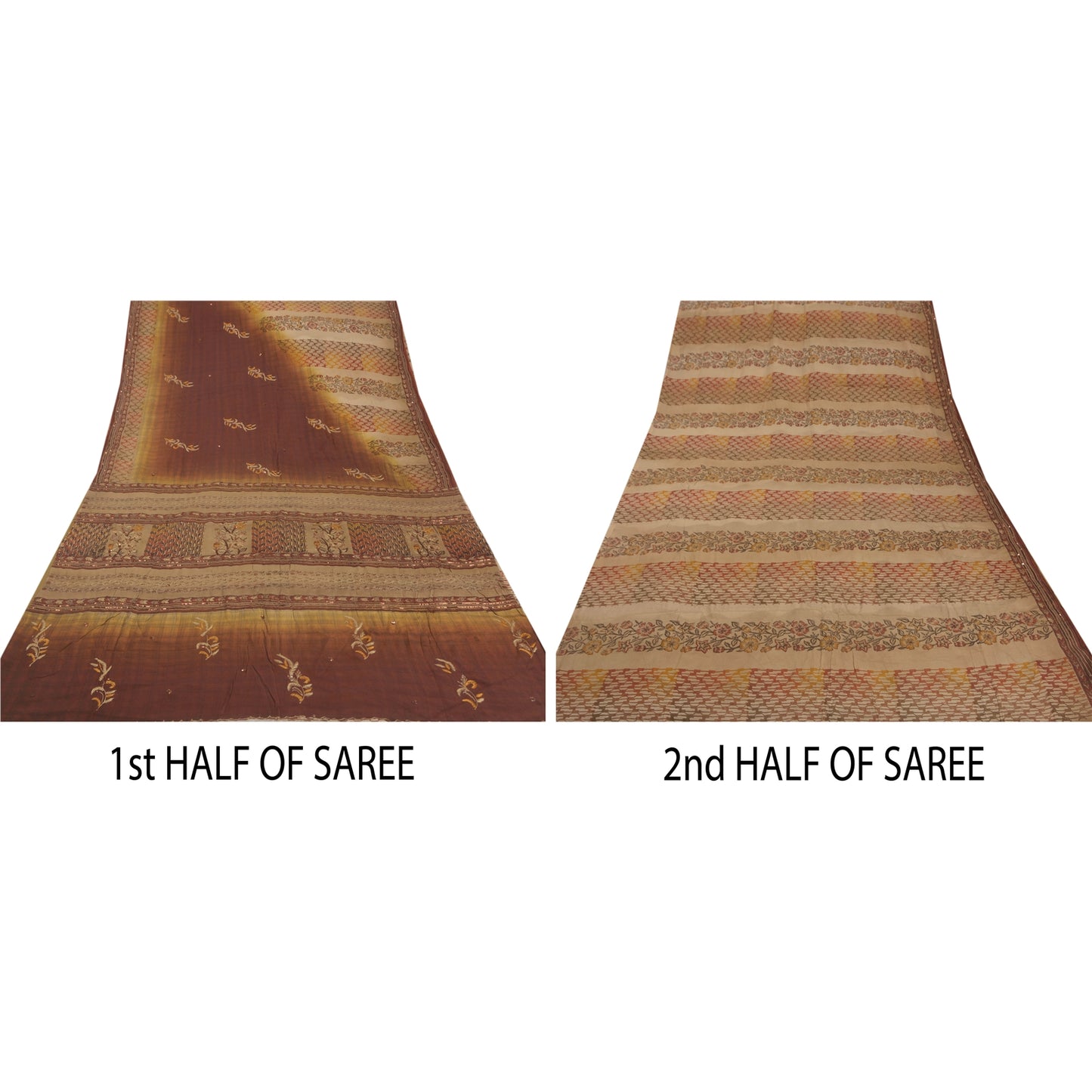 Sanskriti Vintage Cream Saree Pure Crepe Silk Hand Beaded 5 Yd Sustainable Fabric Craft Sari