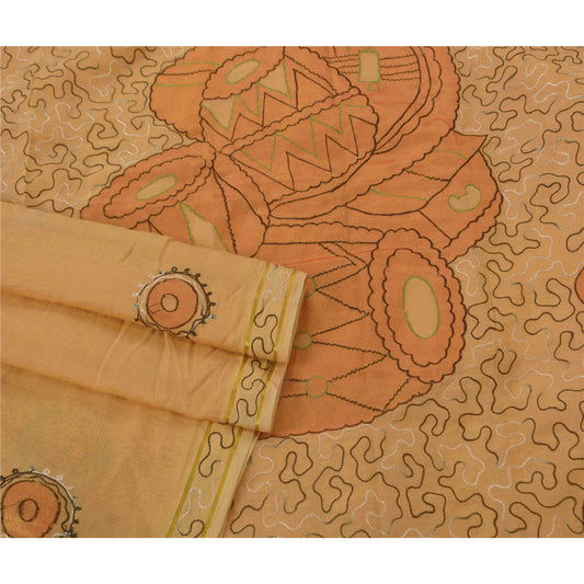 Sanskriti Vintage Cream Saree Blend Silk Sustainable Fabric Hand Embroidered Ari Work Sari