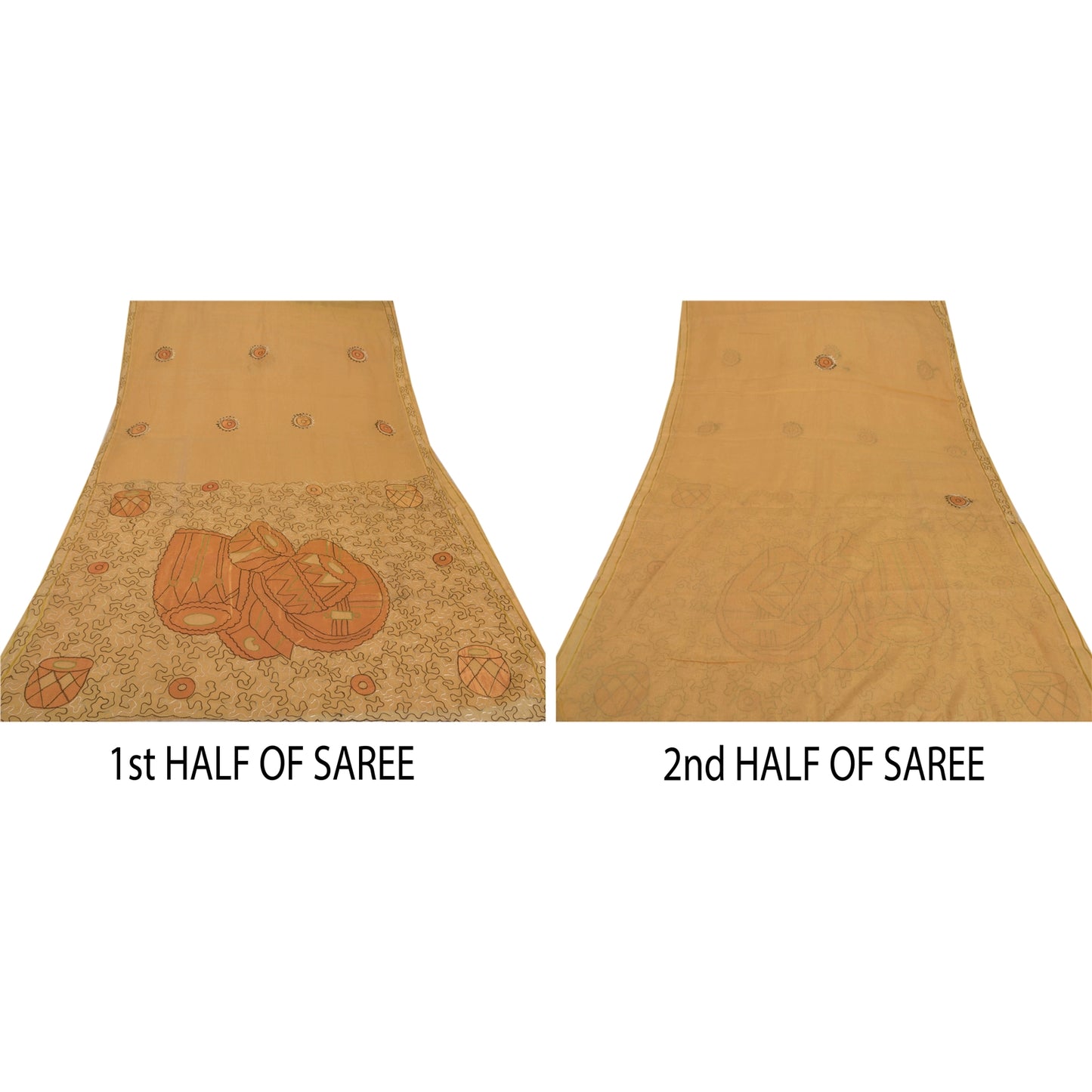 Sanskriti Vintage Cream Saree Blend Silk Sustainable Fabric Hand Embroidered Ari Work Sari