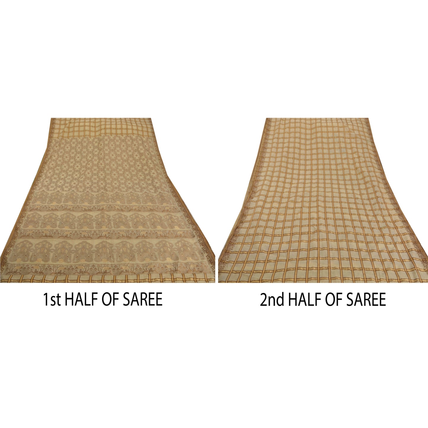 Sanskriti Vintage Cream Saree Art Silk Woven Craft 5 Yd Sustainable Fabric Premium Soft Sari