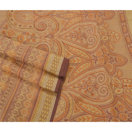 Sanskriti Vintage Cream Saree Cotton Woven Craft 5 Yd Sustainable Fabric Decor Sari