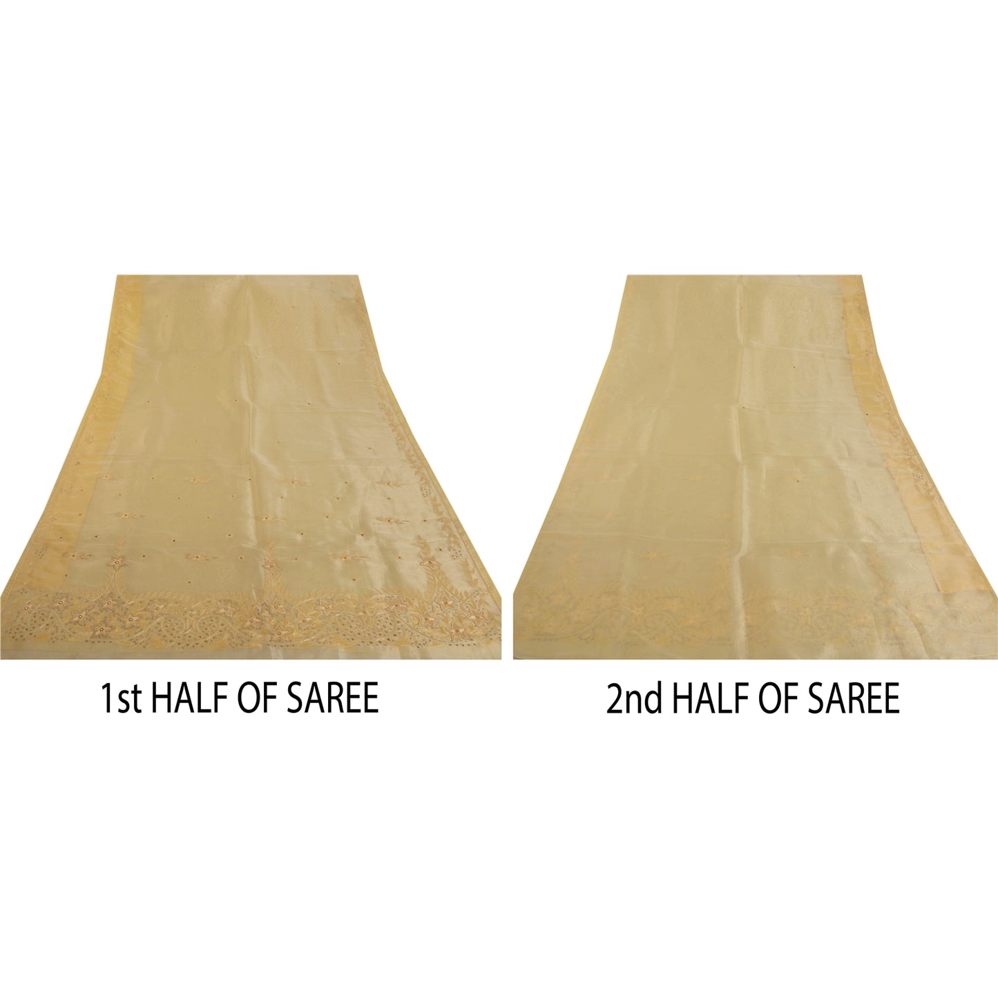 Sanskriti Vintage Cream Saree Art Silk Hand Beaded Craft Sustainable Fabric Premium Sari