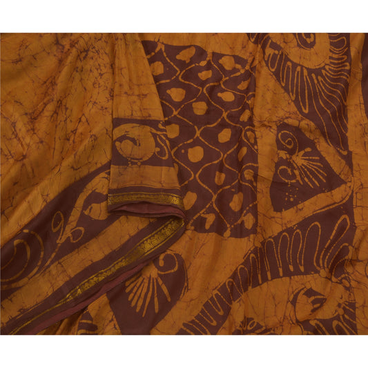 Sanskriti Vintage Orange Saree Pure Silk Batik Work Sari Craft Decor 5 Yd Sustainable Fabric