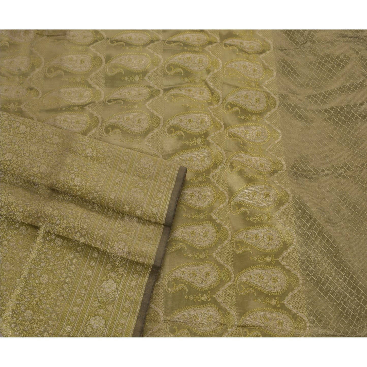 Sanskriti Vintage Green Saree Art Silk Woven Sustainable Fabric Premium Sari Blouse Piece