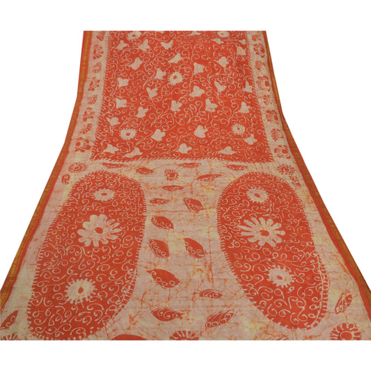 Sanskriti Vintage Red Saree Pure Silk Batik Work Craft 5 Yd Decor Sustainable Fabric Sari