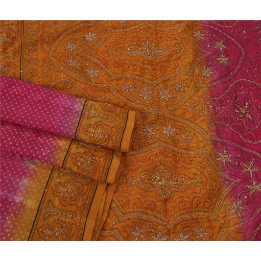 Sanskriti Vintage Pink Saree Art Silk Hand Beaded Craft 5Yd Sustainable Fabric Bandhani Sari