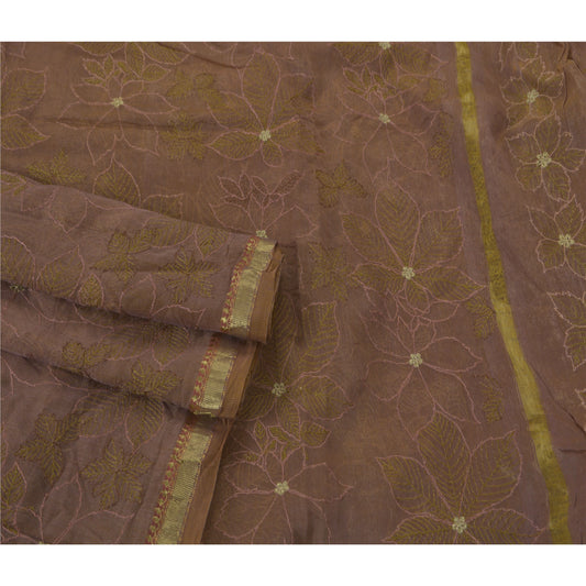 Sanskriti Vintage Brown Saree Blend Silk Embroidered Woven Craft 5Yd Sustainable Fabric Sari
