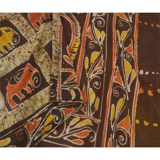 Sanskriti Vintage Cremefarvet Indisk Sari Ren Bomuld Batik Håndværk Bæredygtigt Stoff Sarier