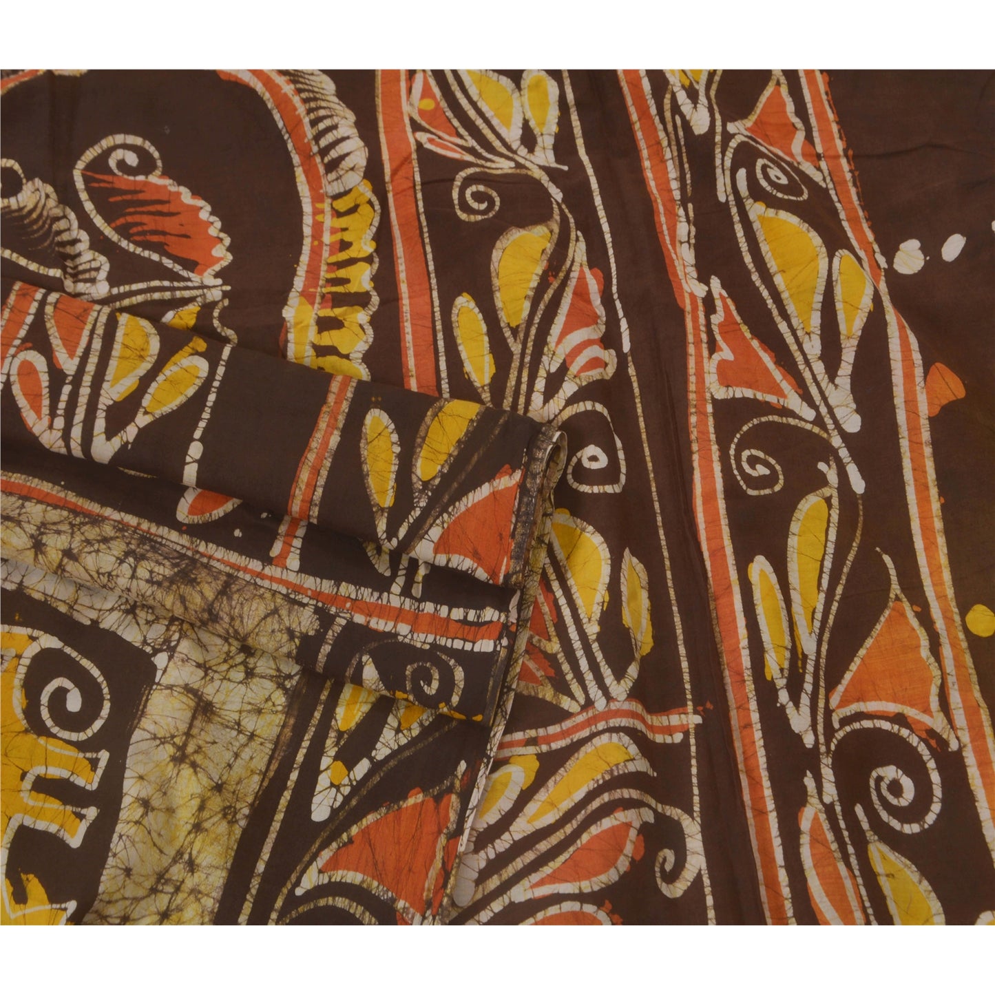 Sanskriti Vintage Cream Indian Sari Pure Cotton Batik Work Craft Sustainable Fabric Sarees