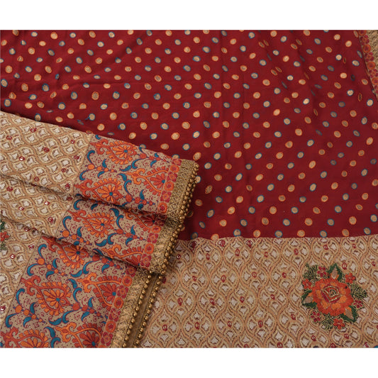 Sanskriti Vintage Sanskriti Vintage Dark Red Saree Georgette Hand Beads Craft Sustainable Fabric Cultural Sari