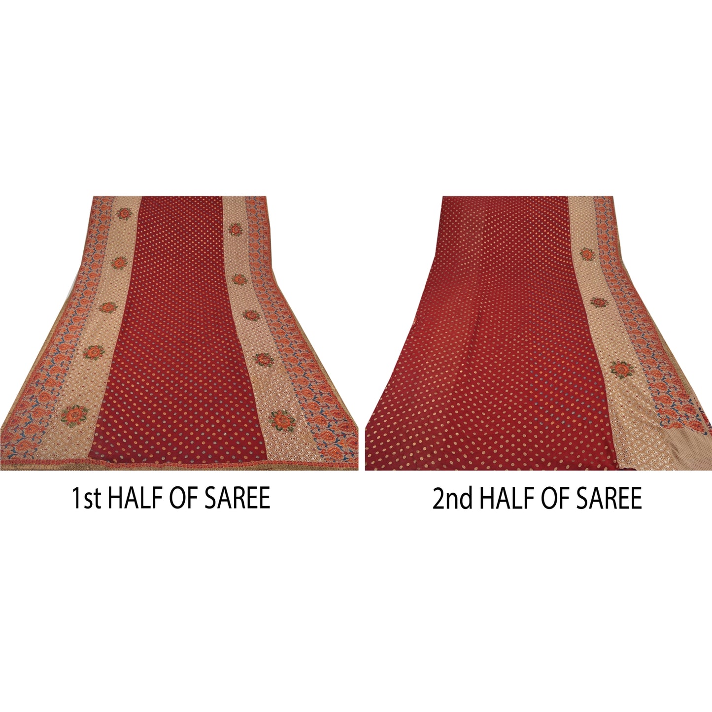 Sanskriti Vintage Sanskriti Vintage Dark Red Saree Georgette Hand Beads Craft Sustainable Fabric Cultural Sari