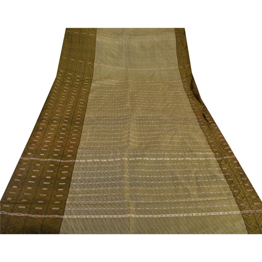 Sanskriti Vintage Green Saree Blend Silk Woven Craft 5 Yd Sustainable Fabric Premium Sari