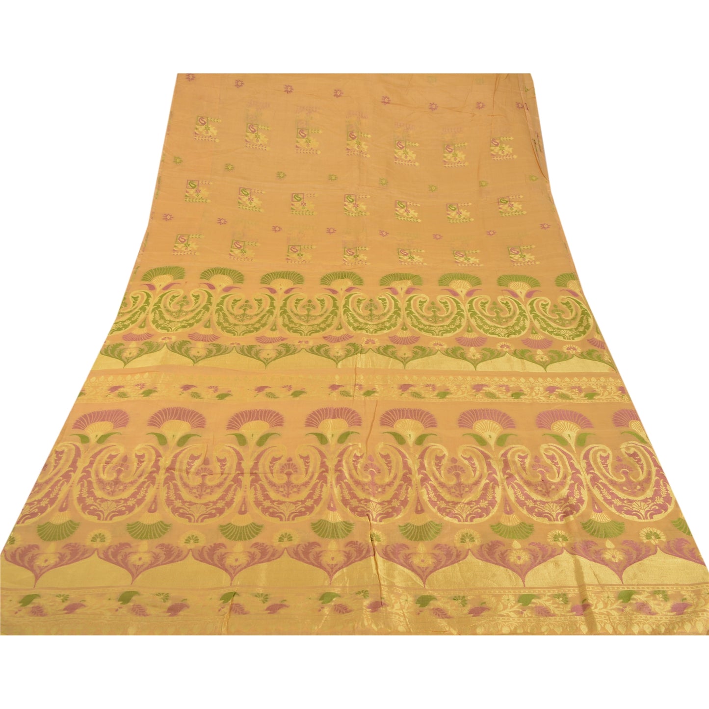 Sanskriti Vintage Cream Saree Pure Silk Woven Craft 5 Yd Sustainable Fabric Premium Sari