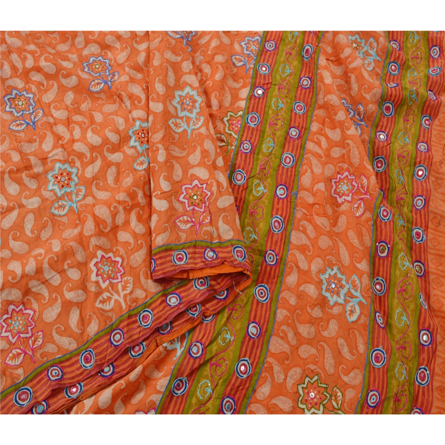 Sanskriti Vintage Orange Sarees Pure Crepe Silk Hand Beaded Craft Sustainable Fabric Sari