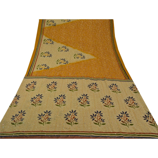 Sanskriti Vintage Mustard Saree Georgette Sustainable Fabric Hand Embroidered Kantha Sari