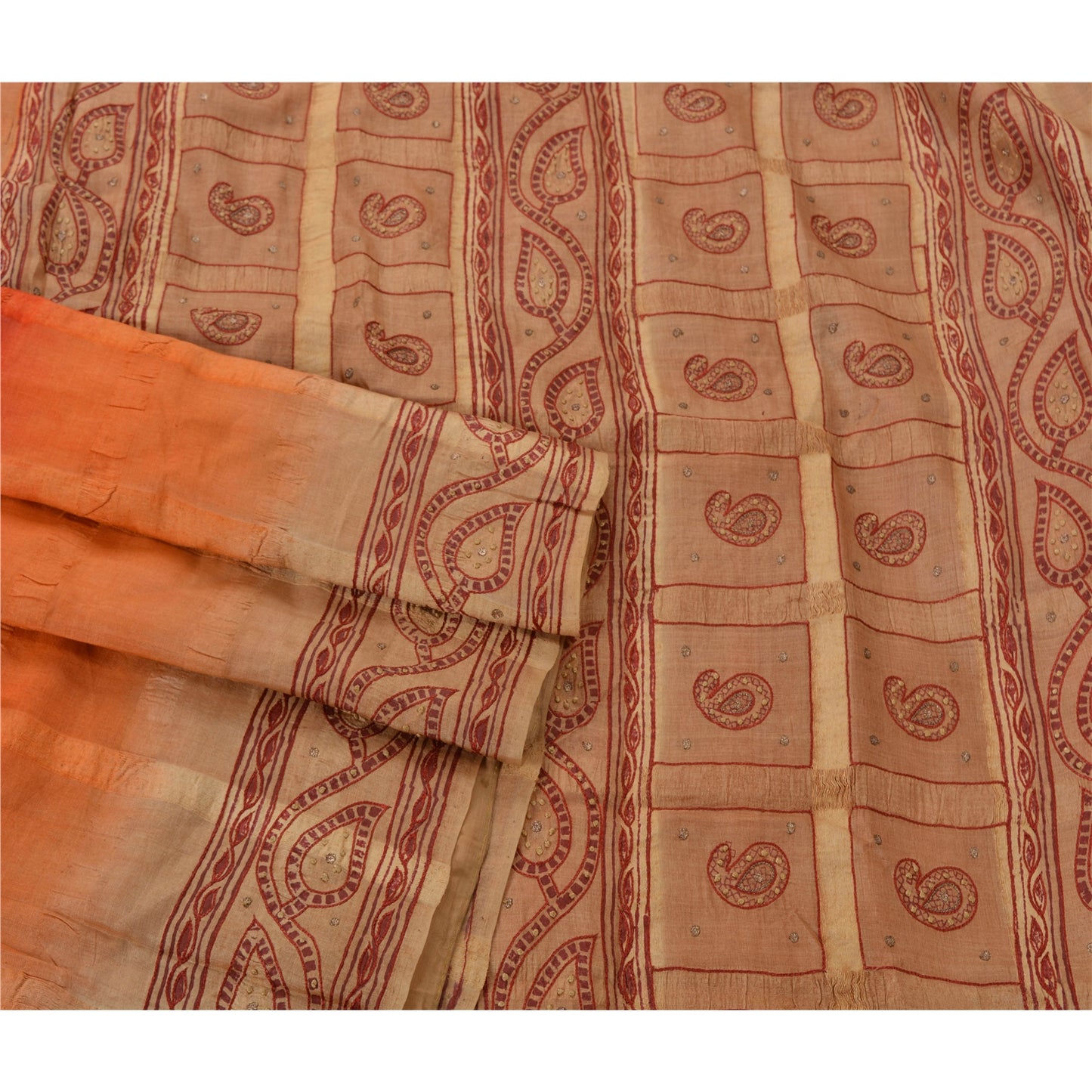 Sanskriti Vintage Saree Pure Silk Hand Embroidered Craft 5Yd Sustainable Fabric Painted Sari