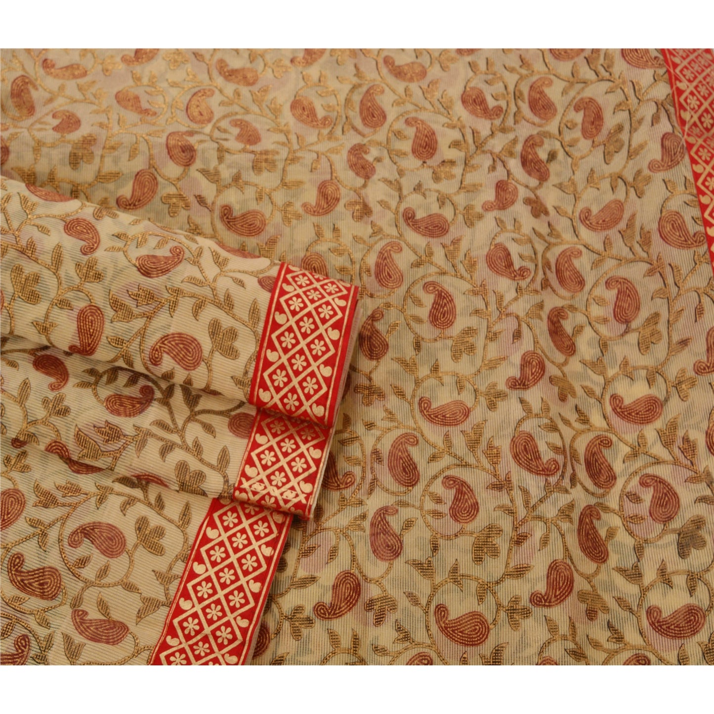 Sanskriti Vintage Cream Indian Sari Art Silk Painted Craft 5 YD Sustainable Fabric Sarees