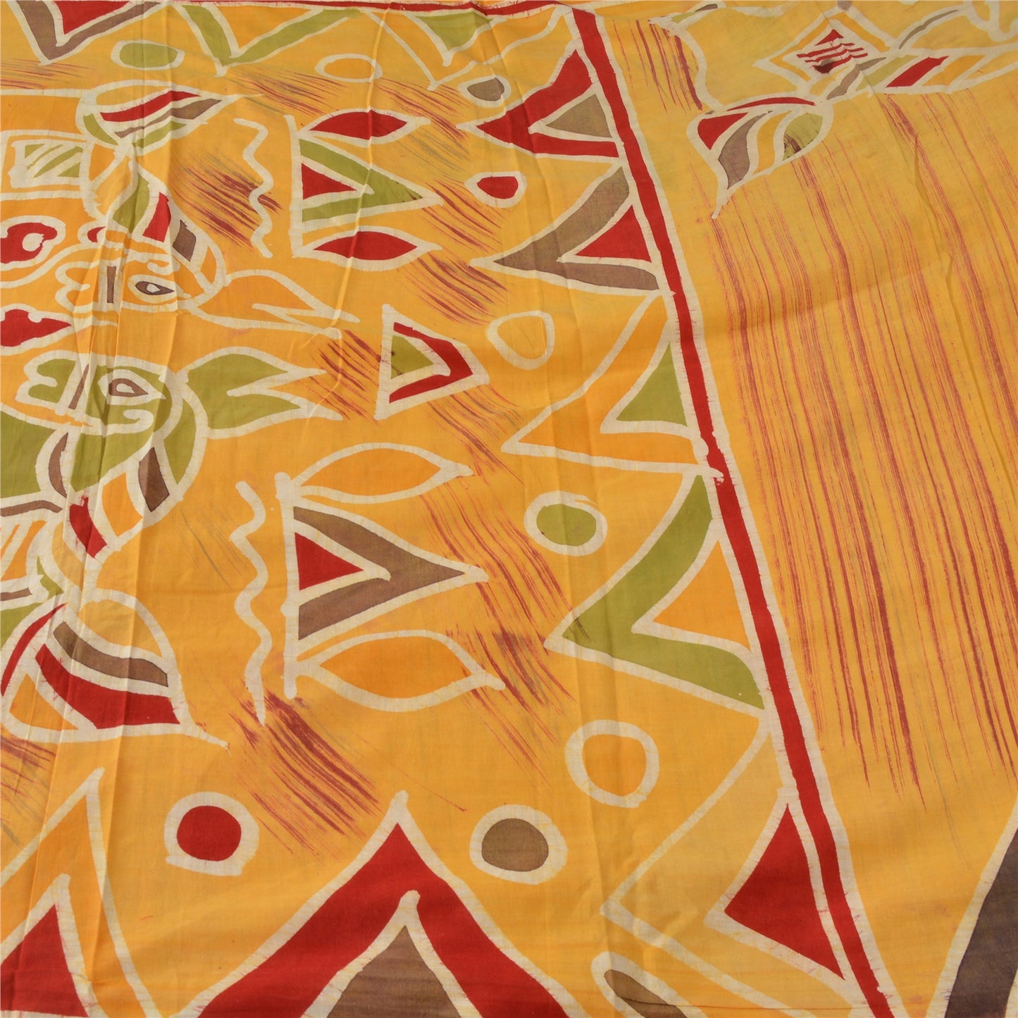 Sanskriti Vintage Yellow Sarees Pure Cotton Batik Work Craft Sustainable Fabric Premium Sari