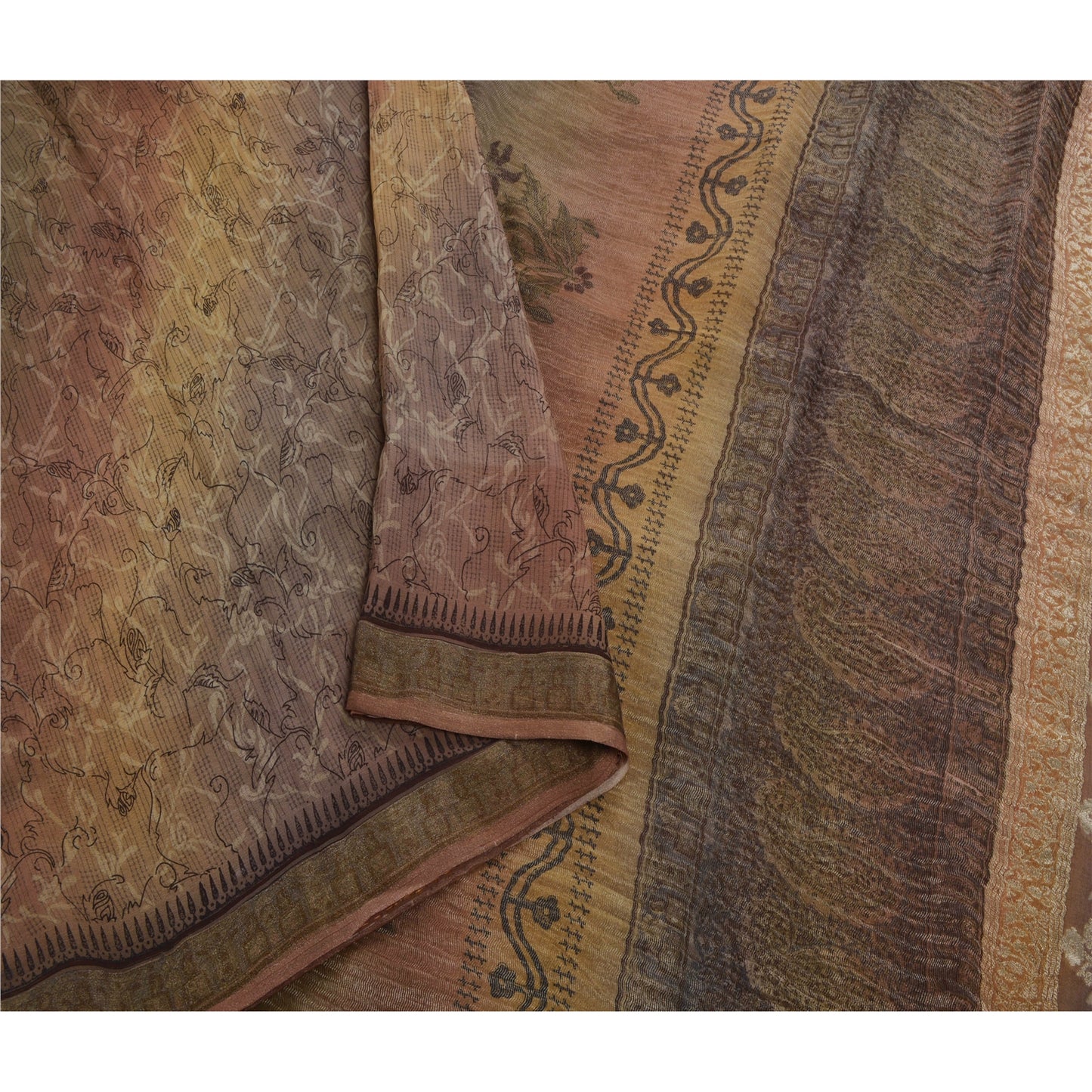Санскритское винтажное коричневое сари из 100% чистого шелка, тканое ремесленное экологически чистое декоративное сари