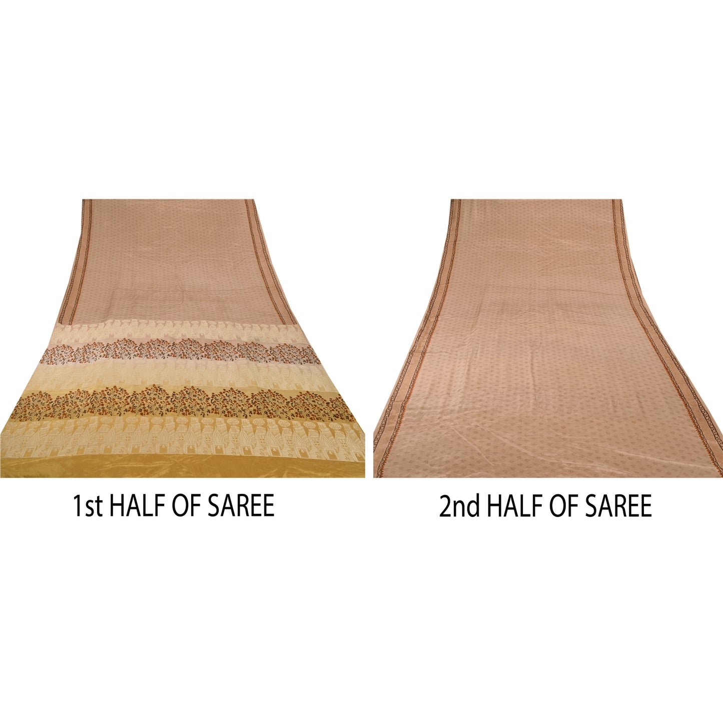 Sanskriti Vintage Fawn Saree 100% Pure Silk Woven Craft Sustainable Fabric 5 Yard Sari