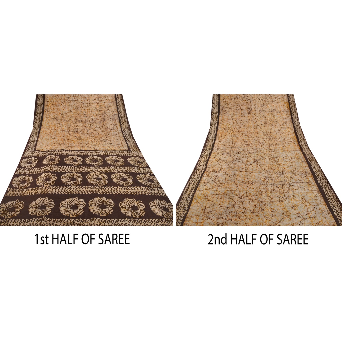 Sanskriti Vintage Cream Saree 100% Pure Silk Batik Work Craft Sustainable Fabric 5 Yard Sari