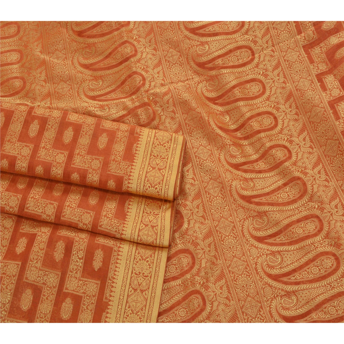 Sanskriti Vintage Orange Sari Organza Vævet Håndværk Bæredygtigt Stof Premium 5 Yard Sari
