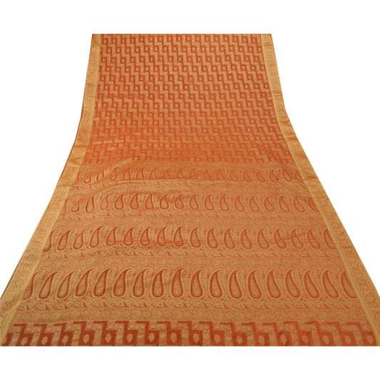 Sanskriti Vintage Orange Saree Organza Woven Craft Sustainable Fabric Premium 5 Yard Sari