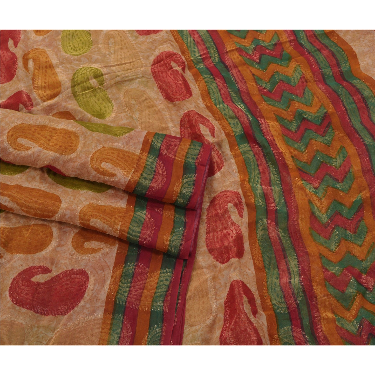 Sanskriti Vintage Beige Saree Art Silk Woven Premium Sari Craft 5 Yard Sustainable Fabric