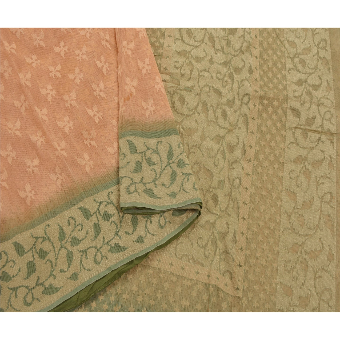 Sanskriti Vintage Peach Saree 100% Pure Silk Woven Craft Sustainable Fabric Floral Sari