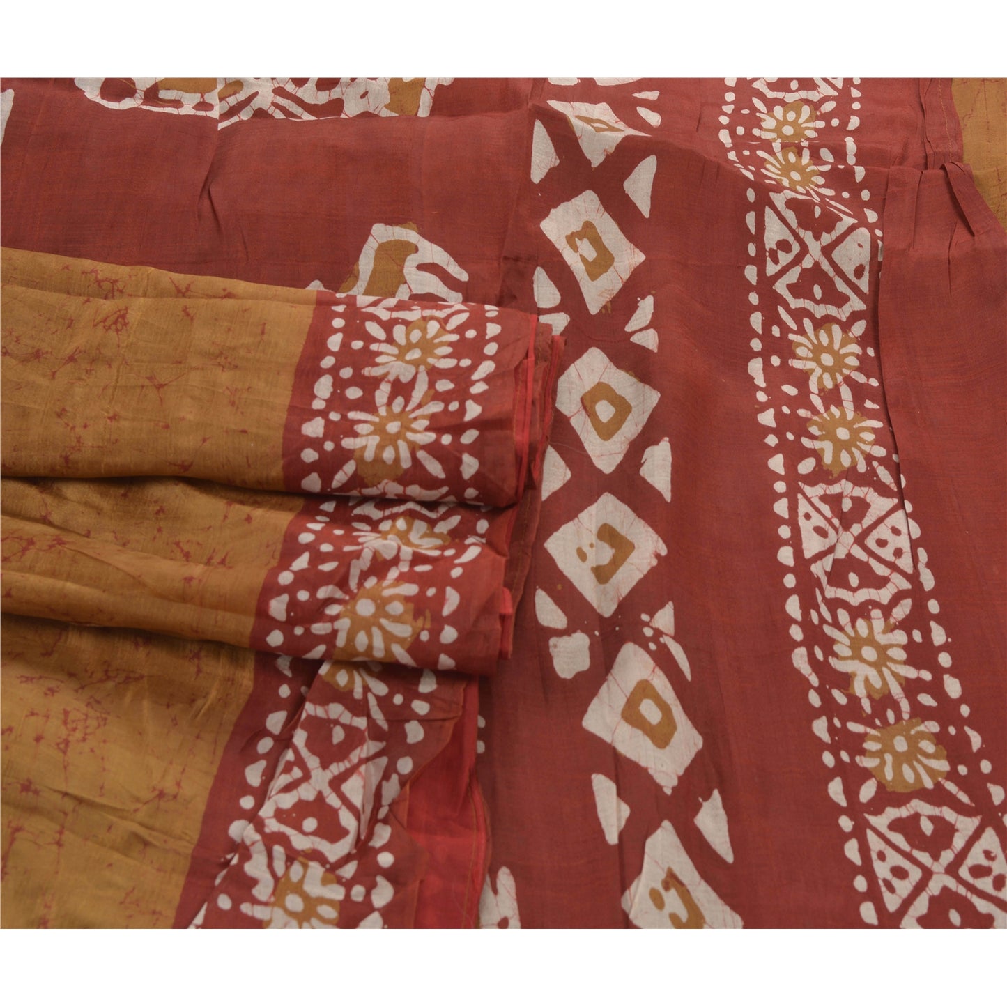 Sanskriti Vintage Brown Saree 100% Pure Silk Batik Work Craft Sustainable Fabric 5 Yd Sari
