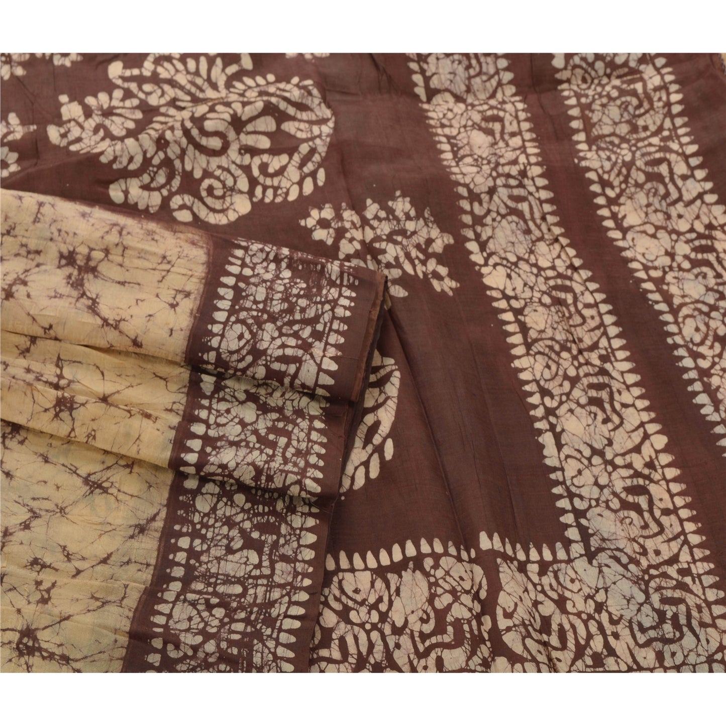 Sanskriti Vintage Cream Indian Sari Pure Silk Batik Work Sarees Craft Sustainable Fabric