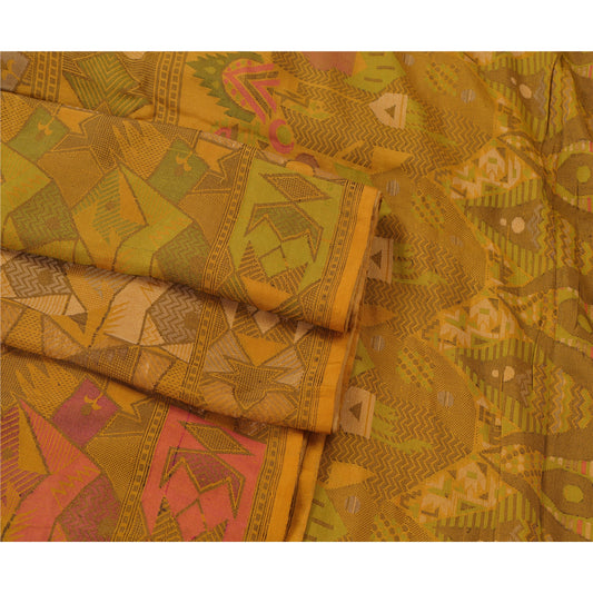 Sanskriti Vintage Mustard Indian Sarees Pure Silk Woven Craft Sustainable Fabric 5 YD Sari