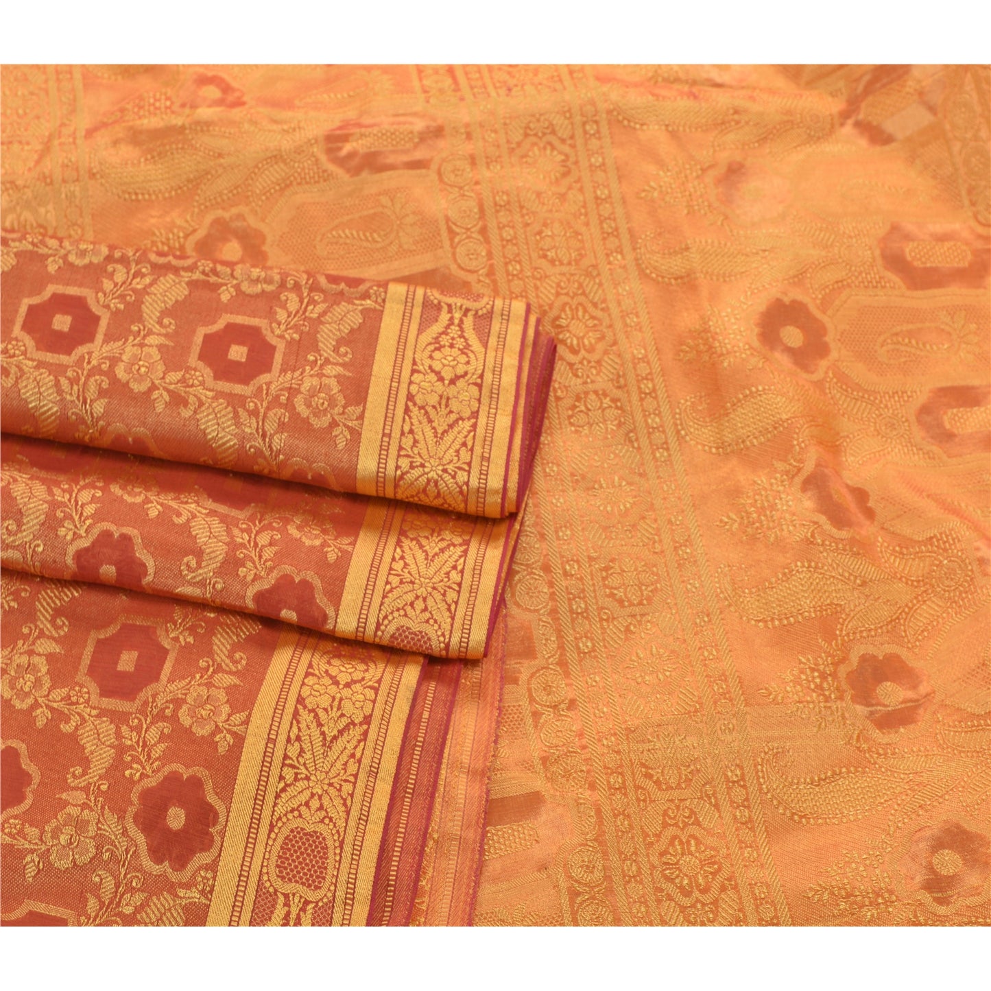 Sanskriti Vintage Orange Indian Sarees Art Silk Woven Craft Sustainable Fabric Premium Sari