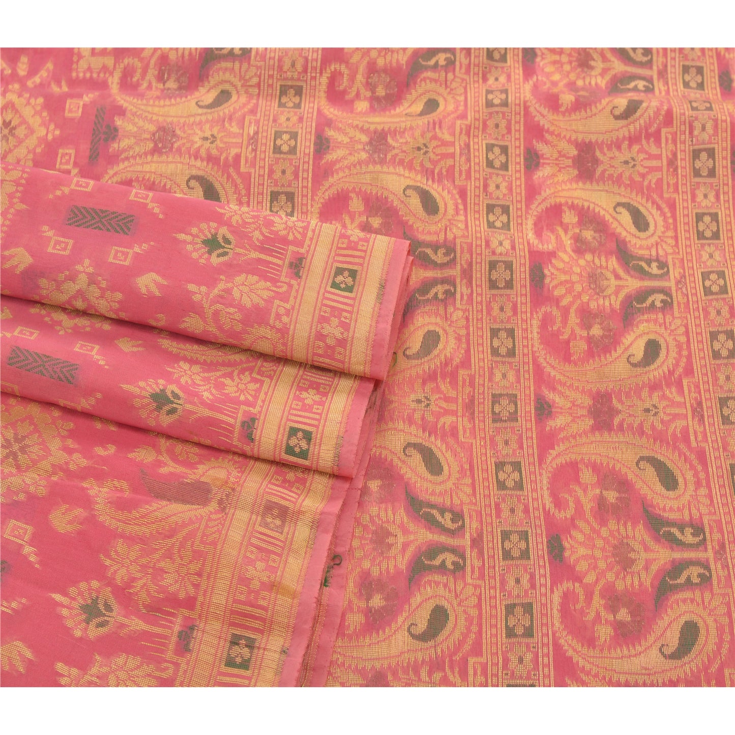 Sanskriti Vintage Pink Saree Art Silk Woven Craft Sustainable Fabric Premium 5 Yard Sari
