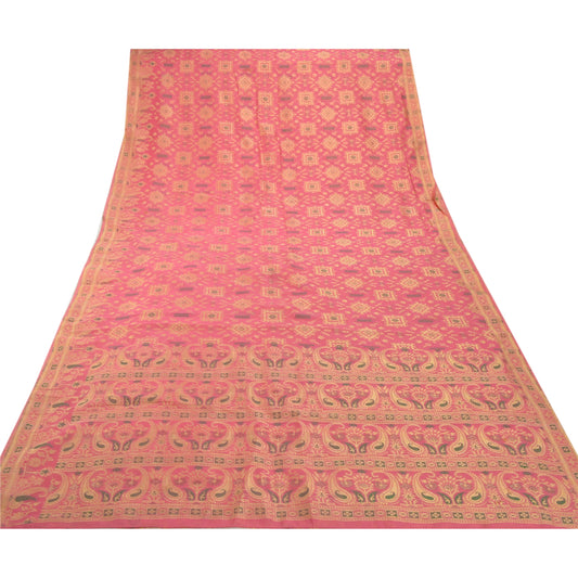 Sanskriti Vintage Pink Saree Art Silk Woven Craft Sustainable Fabric Premium 5 Yard Sari