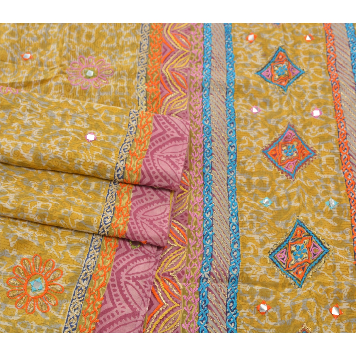 Sanskriti Vintage Lemon Saree Pure Silk Embroidered Premium Sustainable Fabric 5 Yard Sari