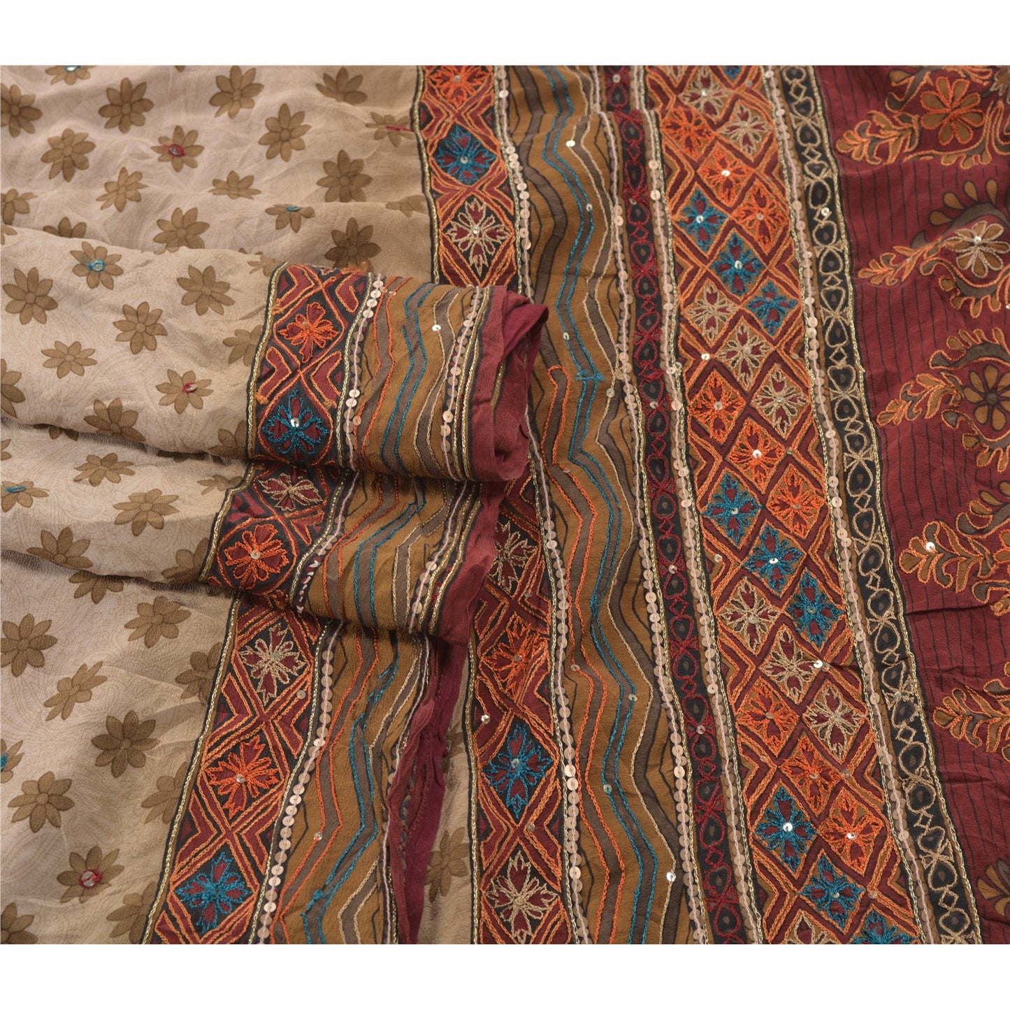 Sanskriti Vintage Cream Saree 100% Pure Crepe Silk Hand Beaded Craft Sustainable Fabric Sari