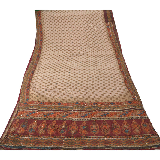 Sanskriti Vintage Cream Saree 100% Pure Crepe Silk Hand Beaded Craft Sustainable Fabric Sari