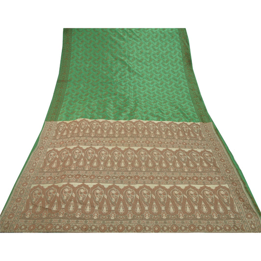Sanskriti Vintage Green Saree Art Silk Woven Craft Sustainable Fabric Premium 5 Yard Sari