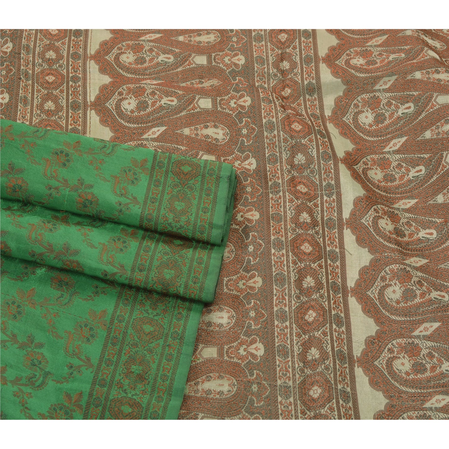 Sanskriti Vintage Green Saree Art Silk Woven Craft Sustainable Fabric Premium 5 Yard Sari