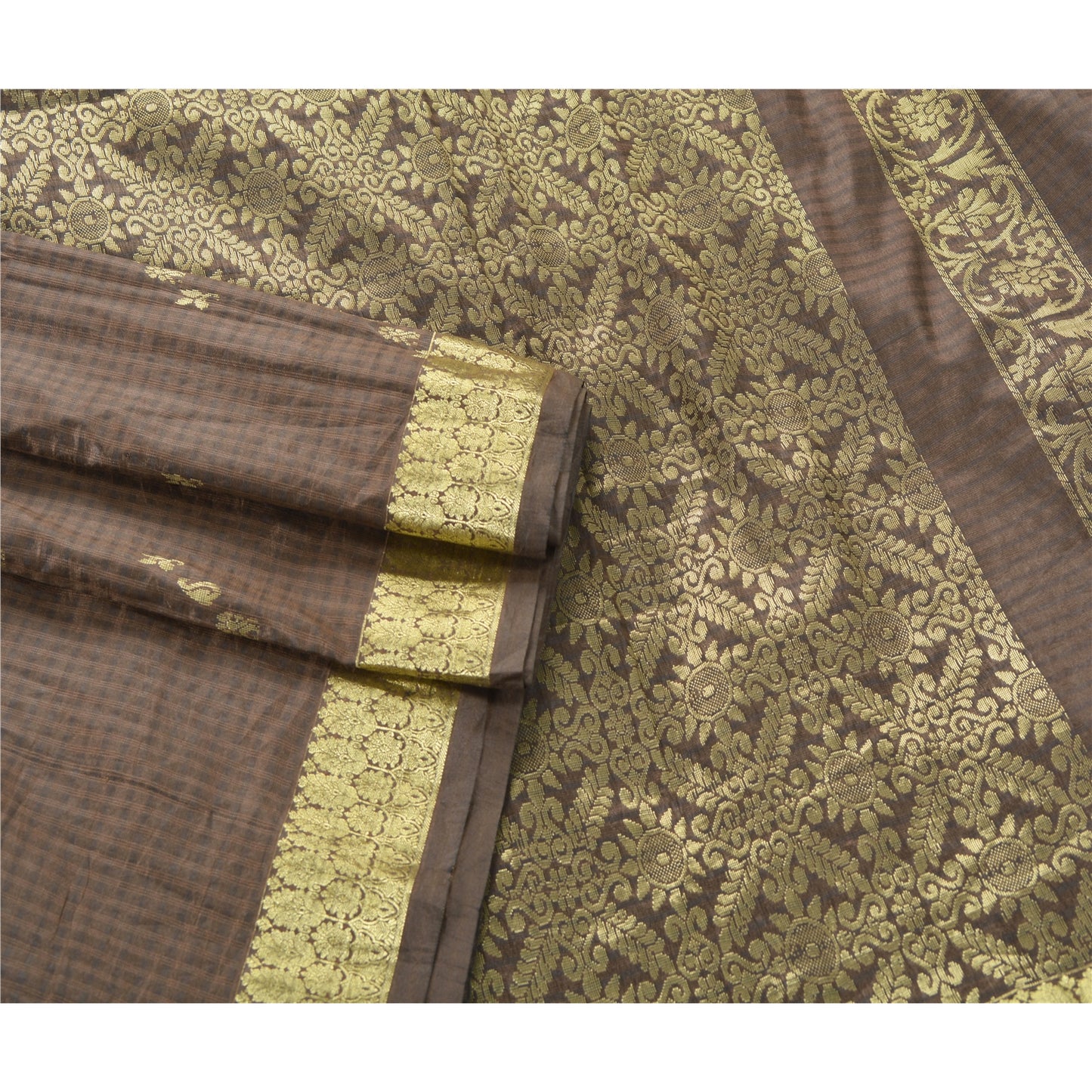Sanskriti Vintage Brown Saree Art Silk Woven Brocade Craft Sustainable Fabric Zari Sari
