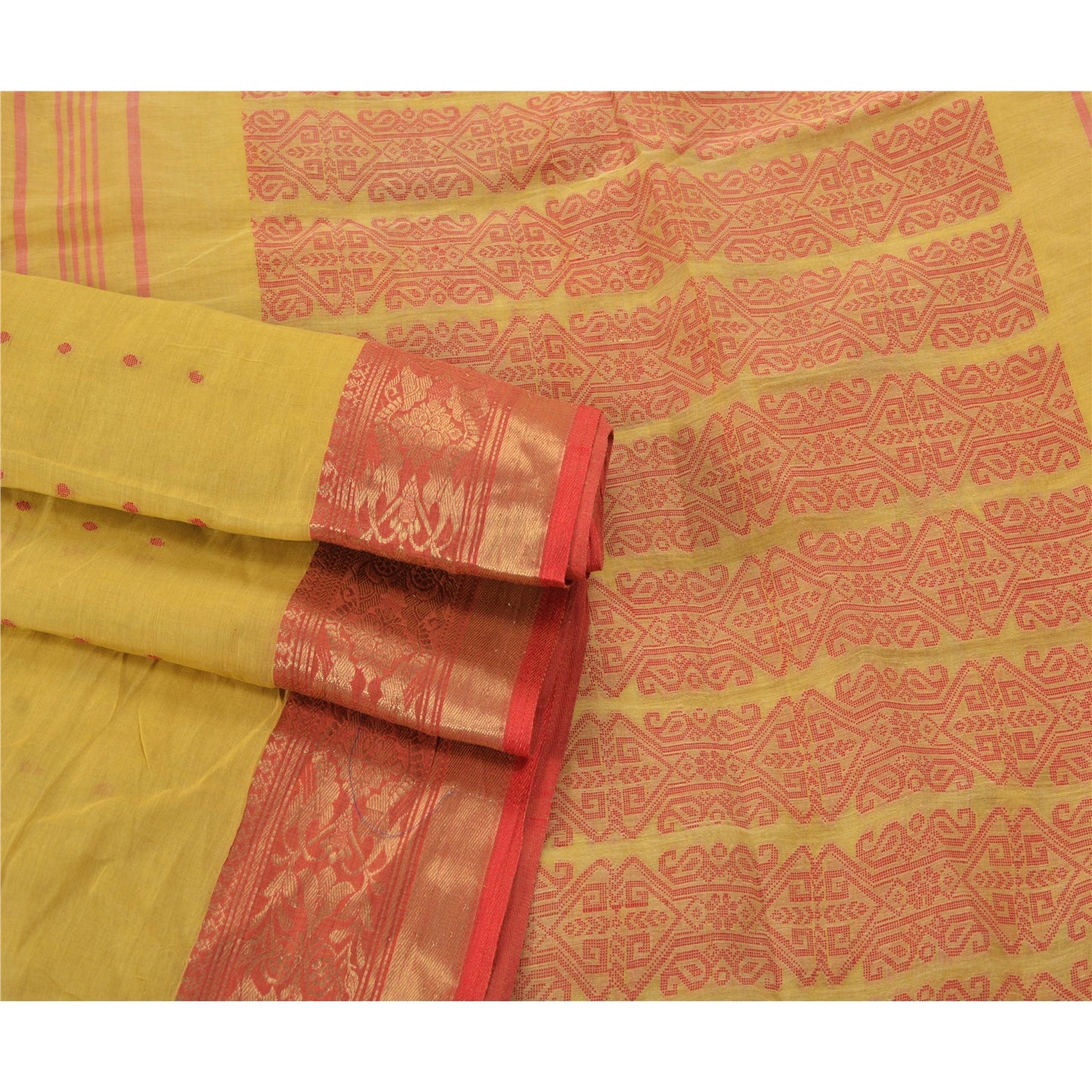 Sanskriti Vintage Yellow Saree 100% Pure Cotton Woven Craft 5 Yard Sustainable Fabric Sari
