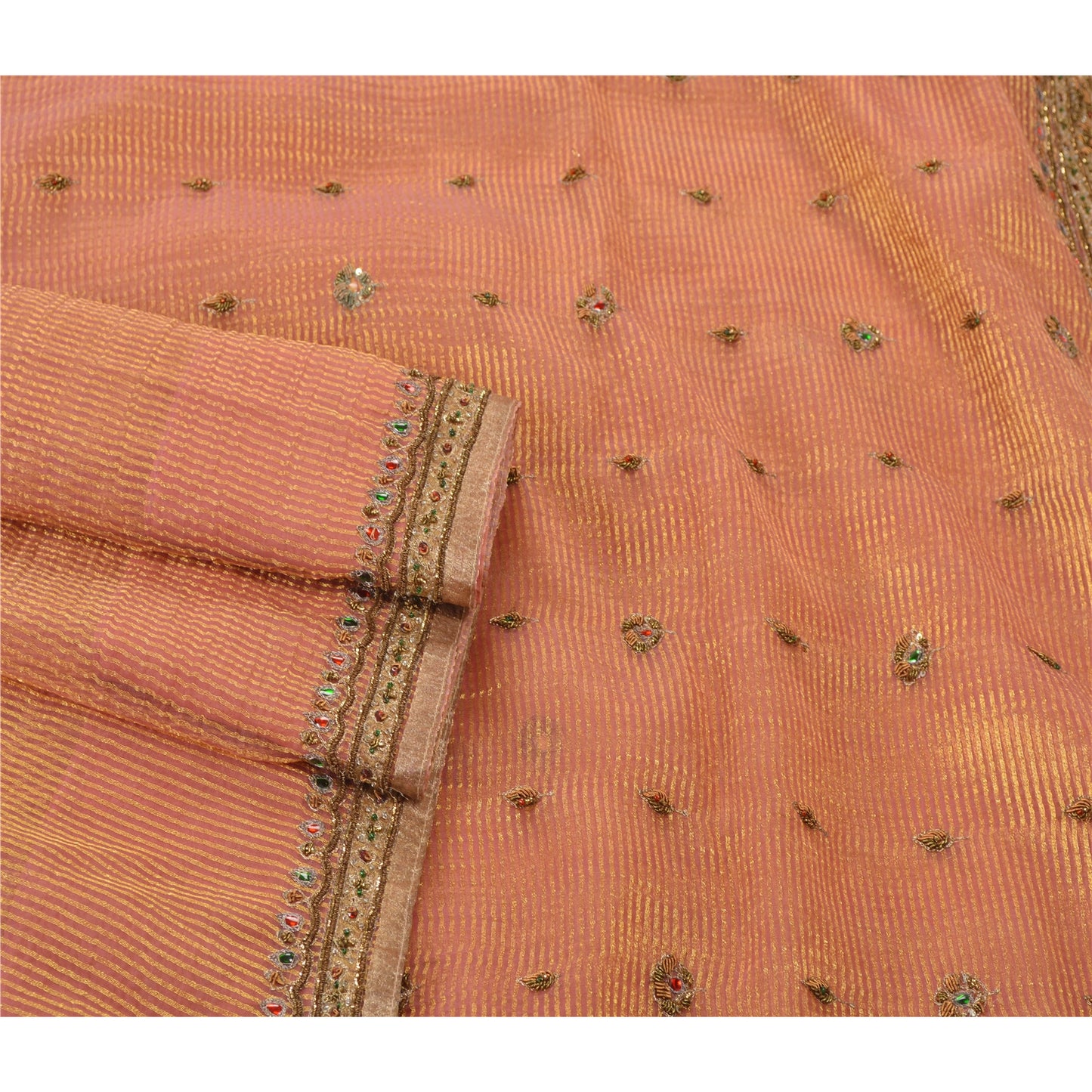 Sanskriti Vintage Pink Sarees Art Silk Hand Beaded Woven Sustainable Fabric 5 Yard Sari