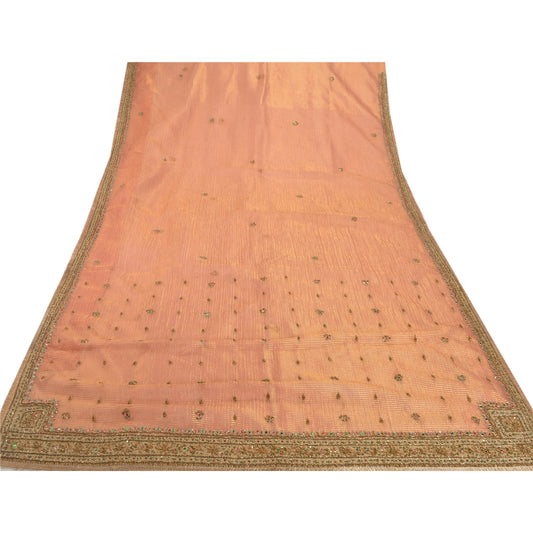 Sanskriti Vintage Pink Sarees Art Silk Hand Beaded Woven Sustainable Fabric 5 Yard Sari