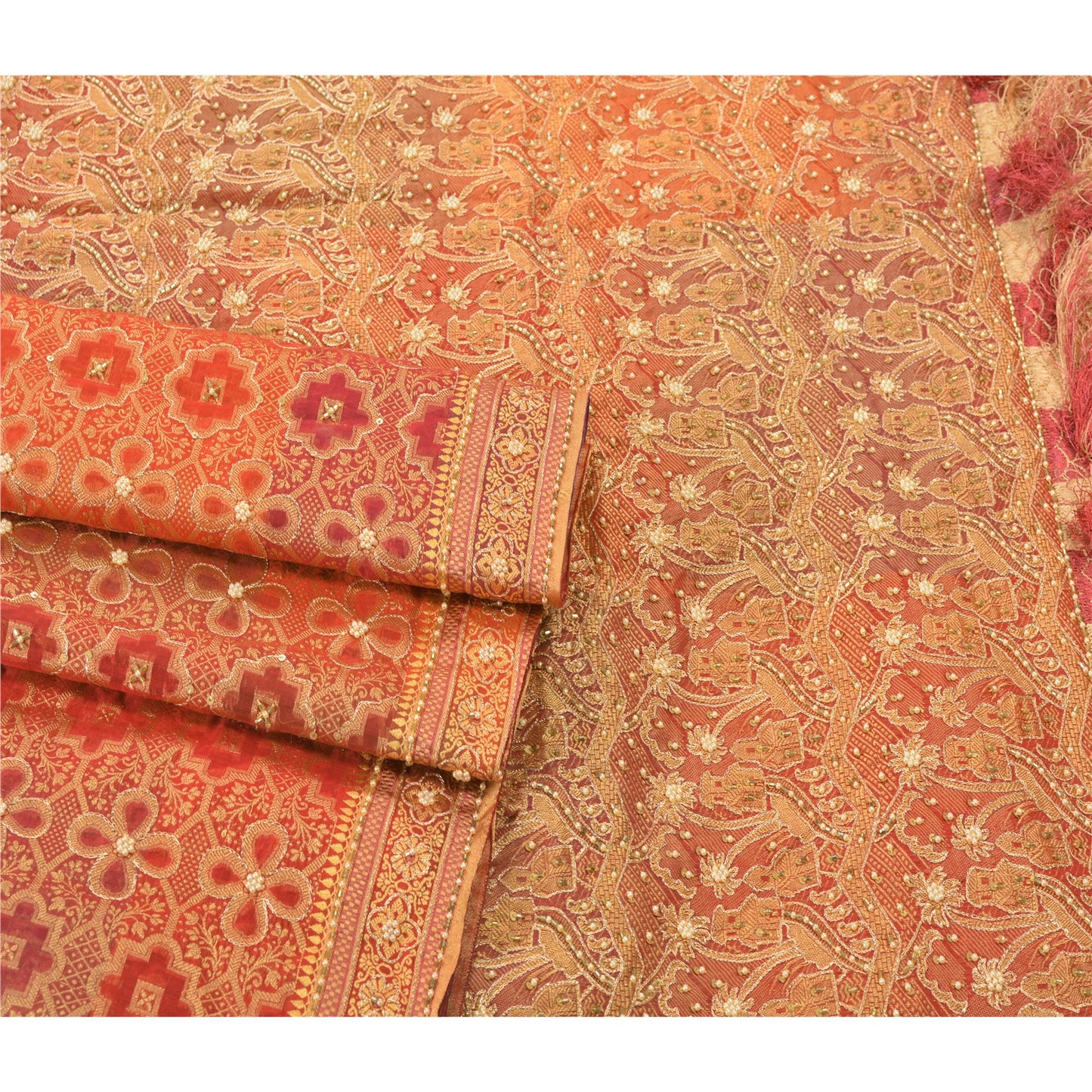 Sanskriti Vintage Red Sarees Art Silk Hand Beaded Woven Sustainable Fabric Cultural Sari